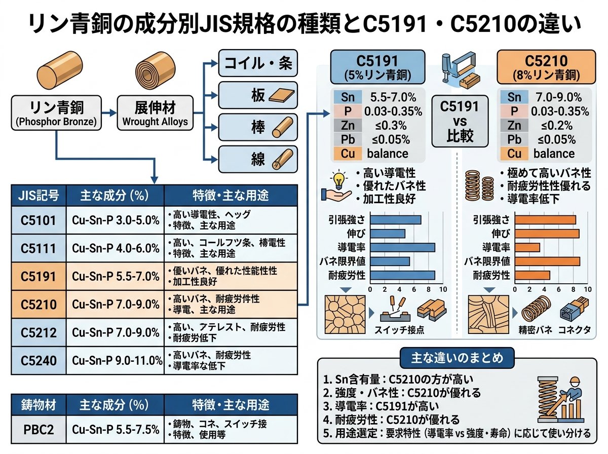 リン青銅の成分別JIS規格の種類とC5191・C5210の違い