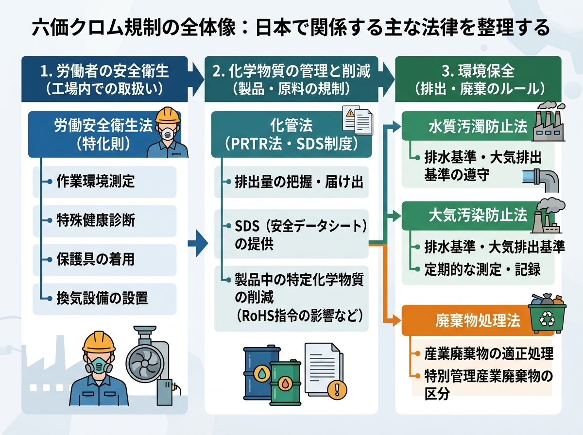 六価クロム規制の全体像:日本で関係する主な法律を整理する
