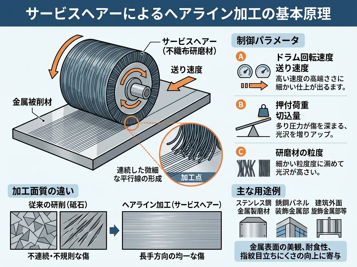 サービスヘアーによるヘアライン加工の基本原理