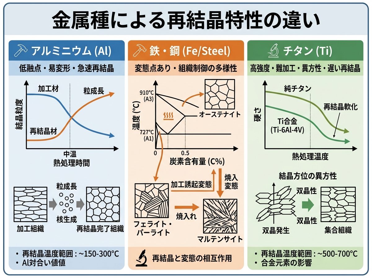金属種による再結晶特性の違い