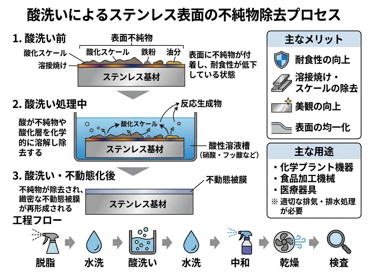 酸洗いとはステンレス表面の不純物除去プロセス
