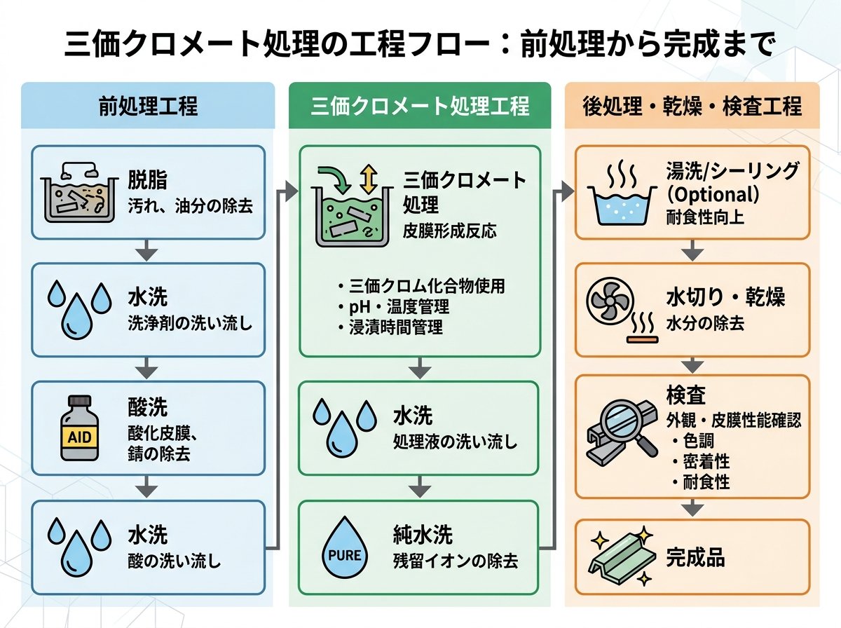 三価クロメート処理の工程フロー:前処理から完成まで