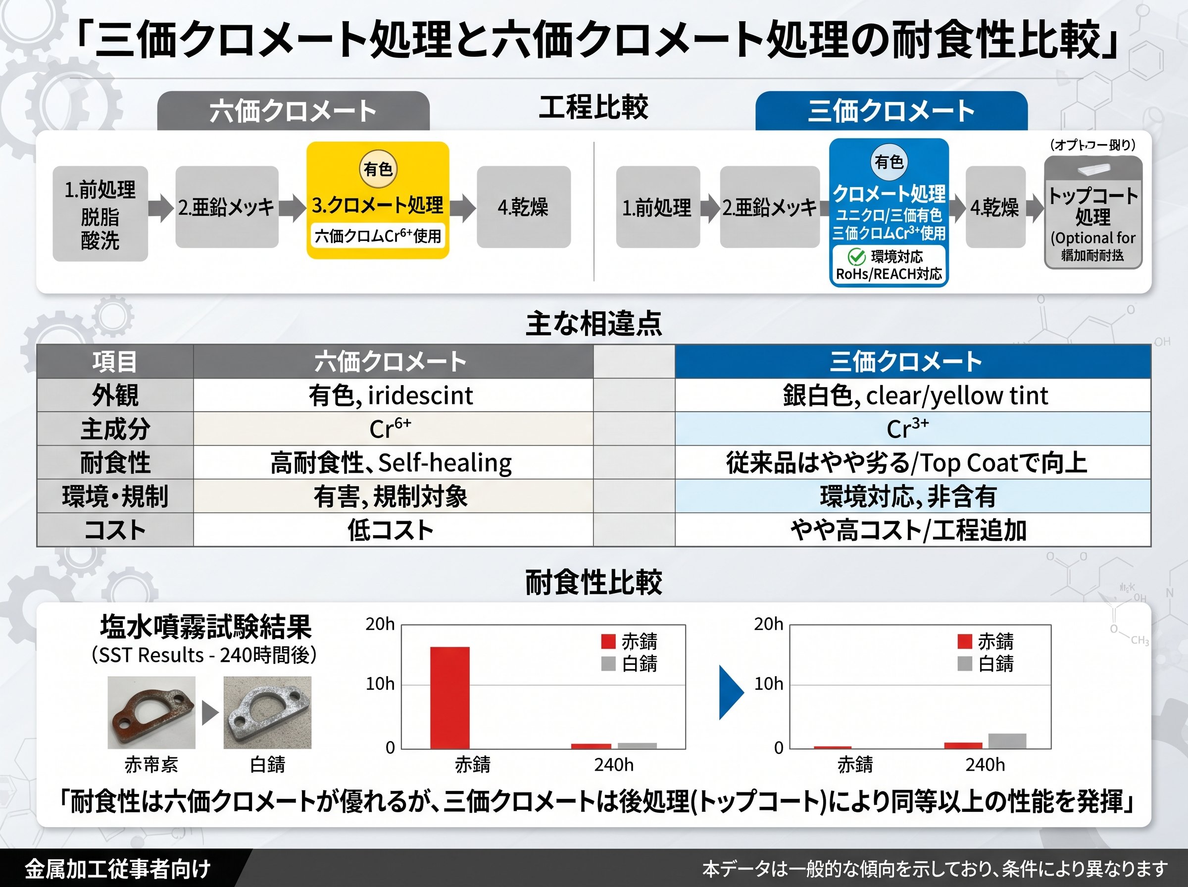 三価クロメート処理の工程における六価クロメートとの耐食性比較