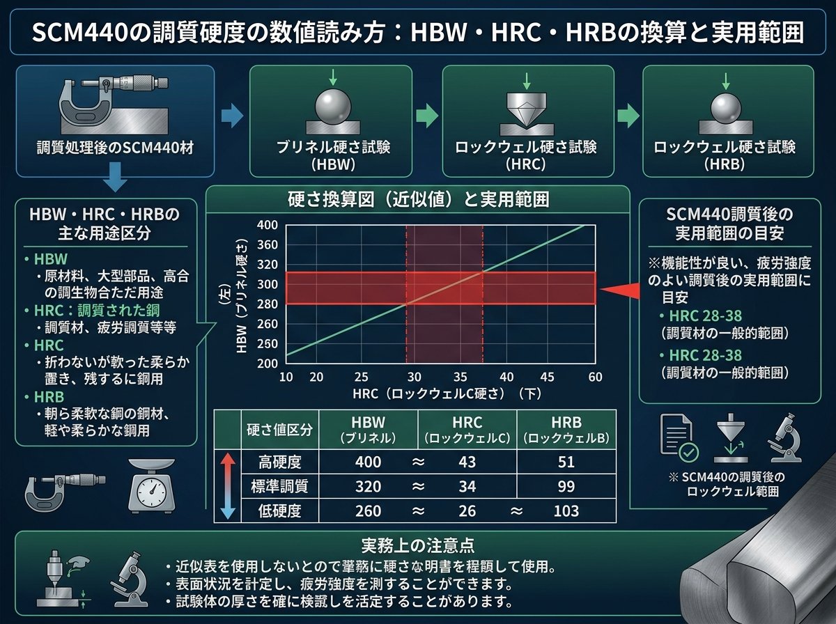 SCM440の調質硬度の数値読み方:HBW・HRC・HRBの換算と実用範囲