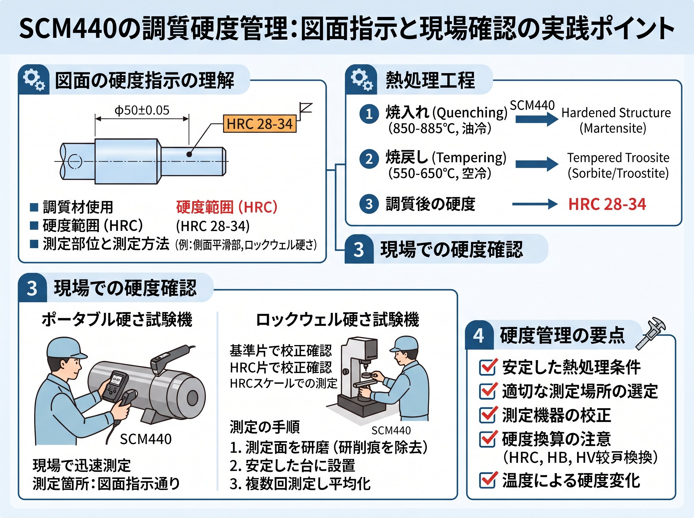 SCM440の調質硬度管理:図面指示と現場確認の実践ポイント