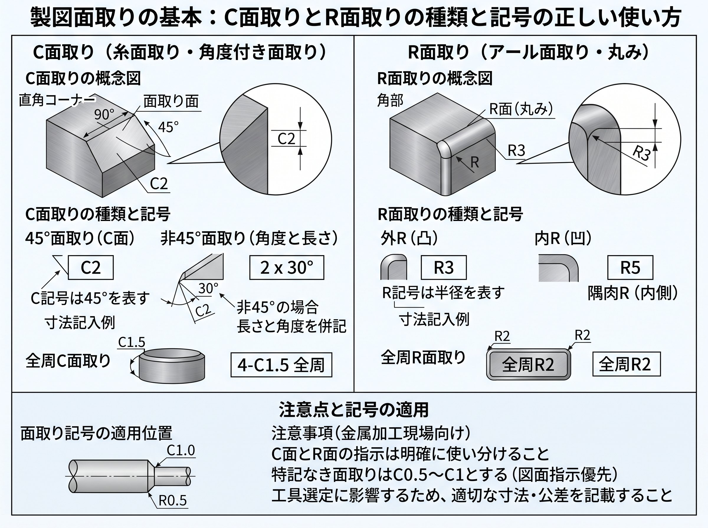 製図面取りの基本：C面取りとR面取りの種類と記号の正しい使い方
