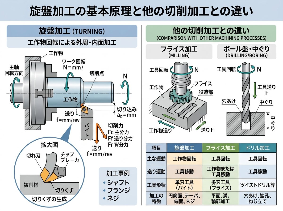 旋盤加工の基本原理と他の切削加工との違い
