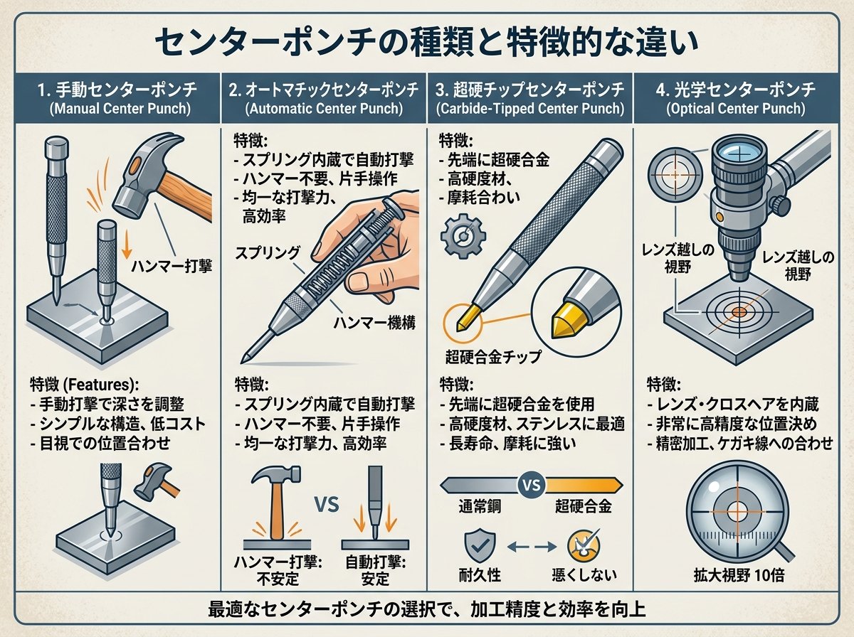 センターポンチの種類と特徴的な違い