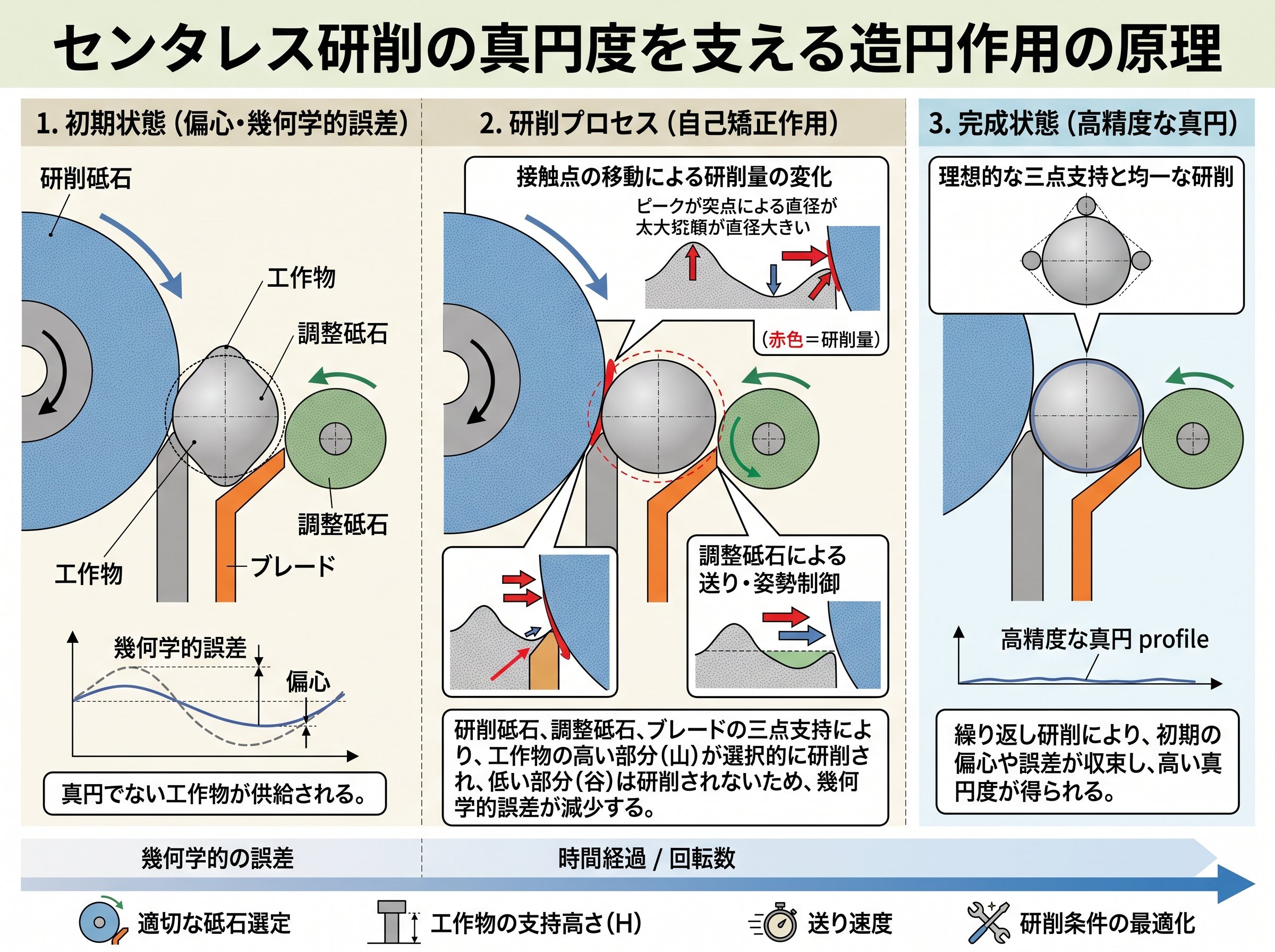 センタレス研削の真円度を支える造円作用の原理