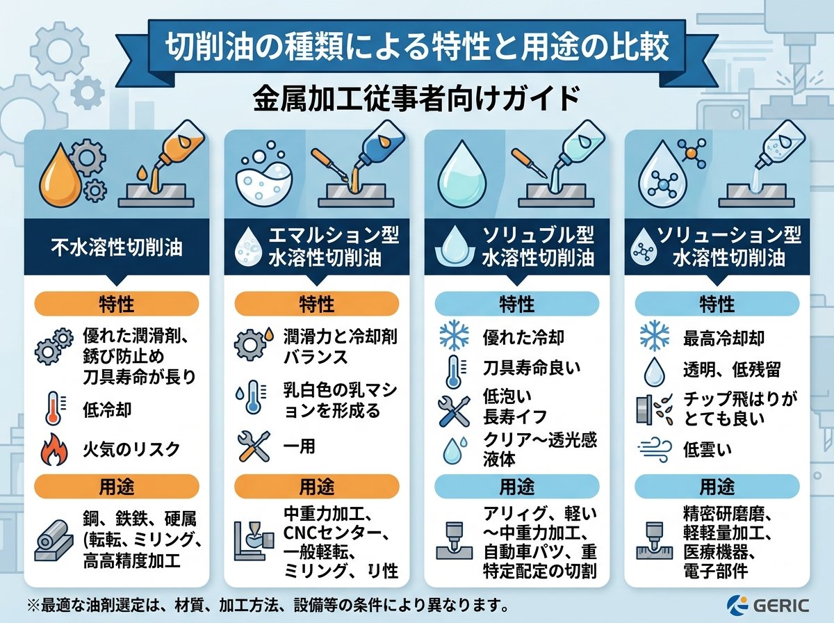 切削油の種類による特性と用途の比較