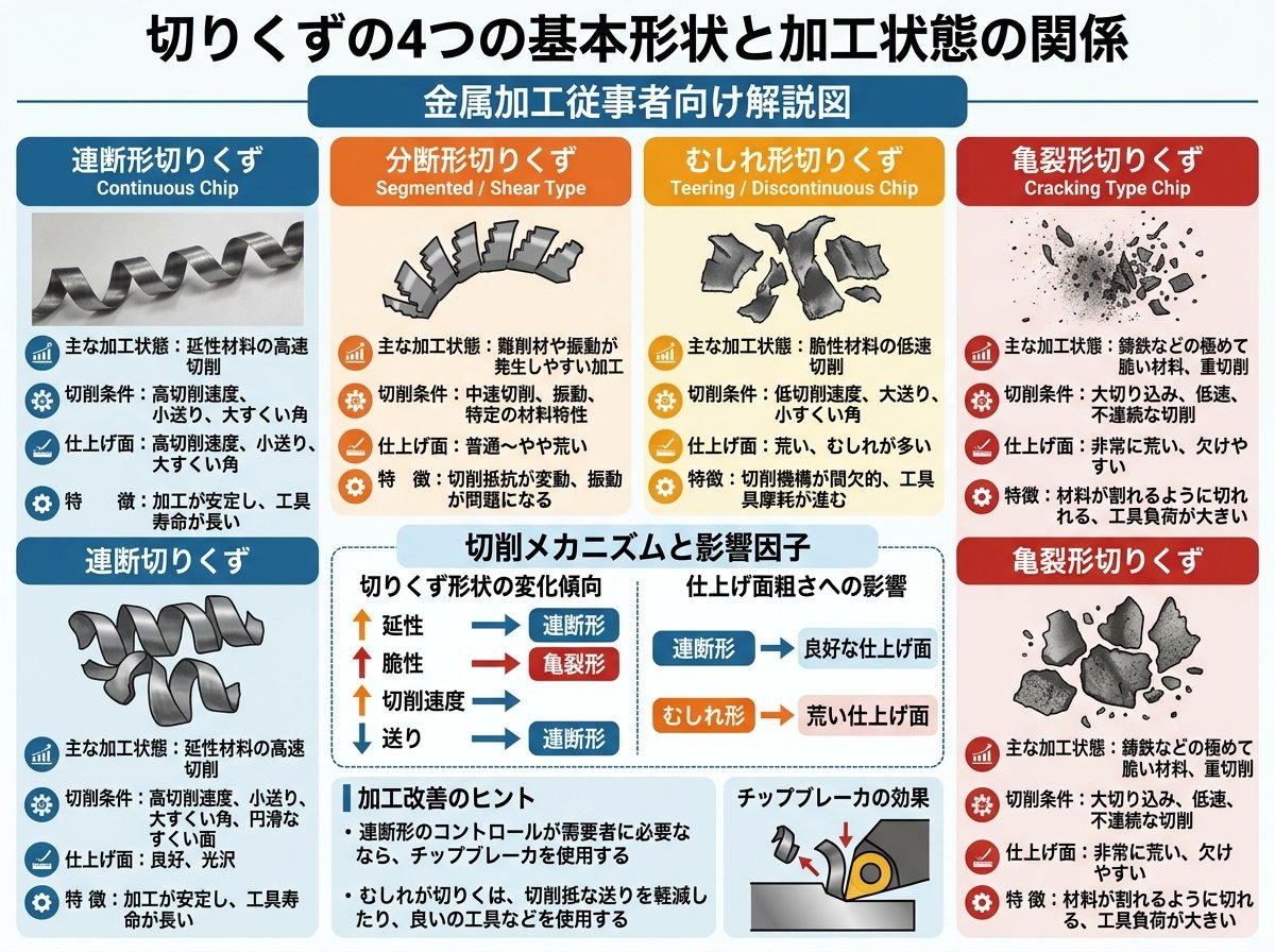 切りくずの4つの基本形状と加工状態の関係