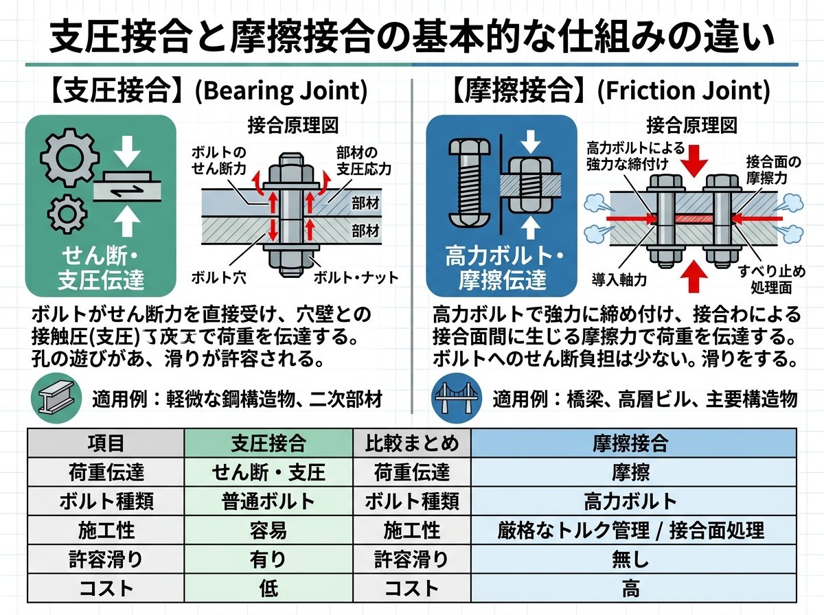 支圧接合と摩擦接合の基本的な仕組みの違い