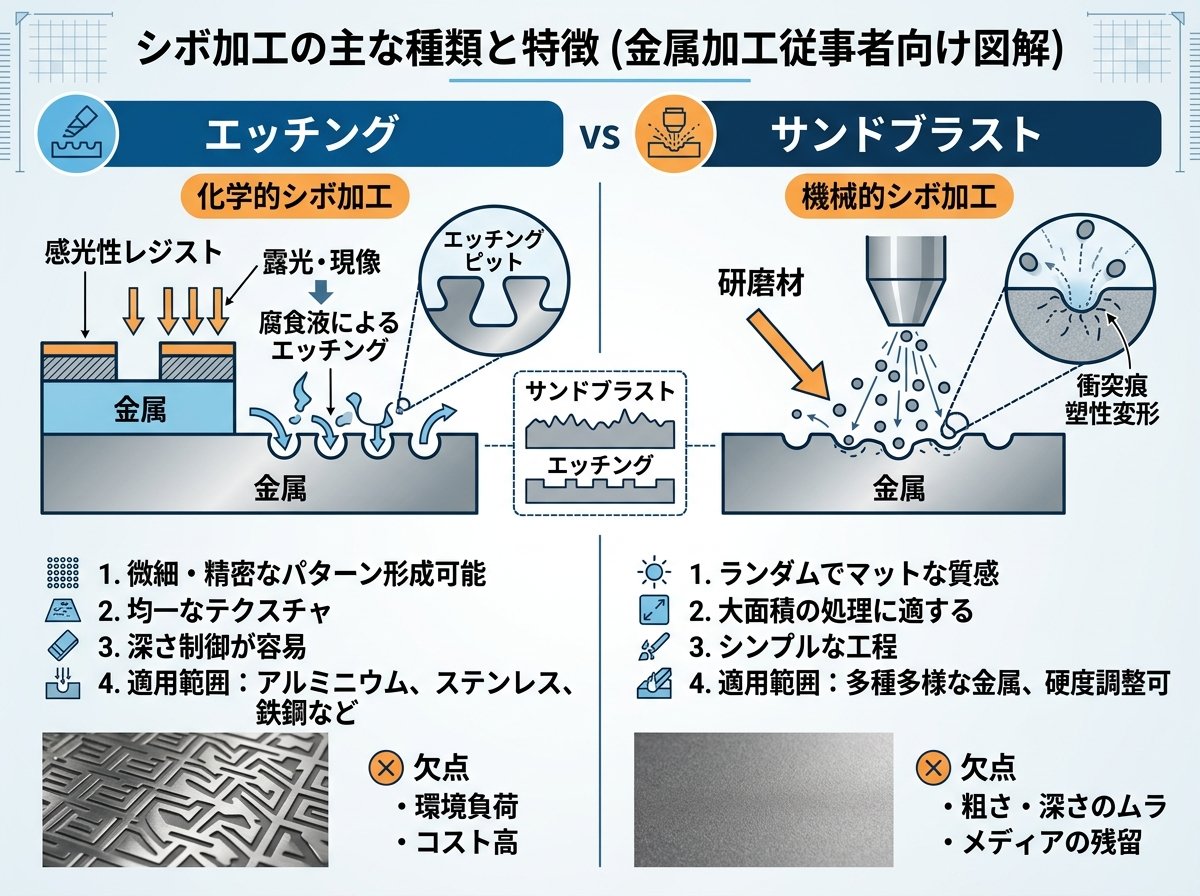 シボ加工の主な種類と特徴（エッチングとサンドブラスト）