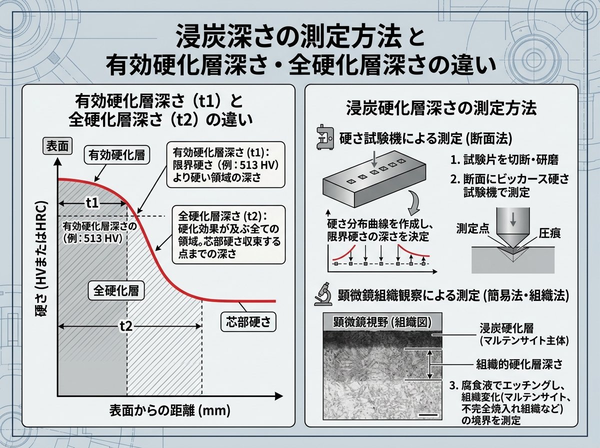 浸炭深さ 測定方法 と有効硬化層深さ・全硬化層深さの違い