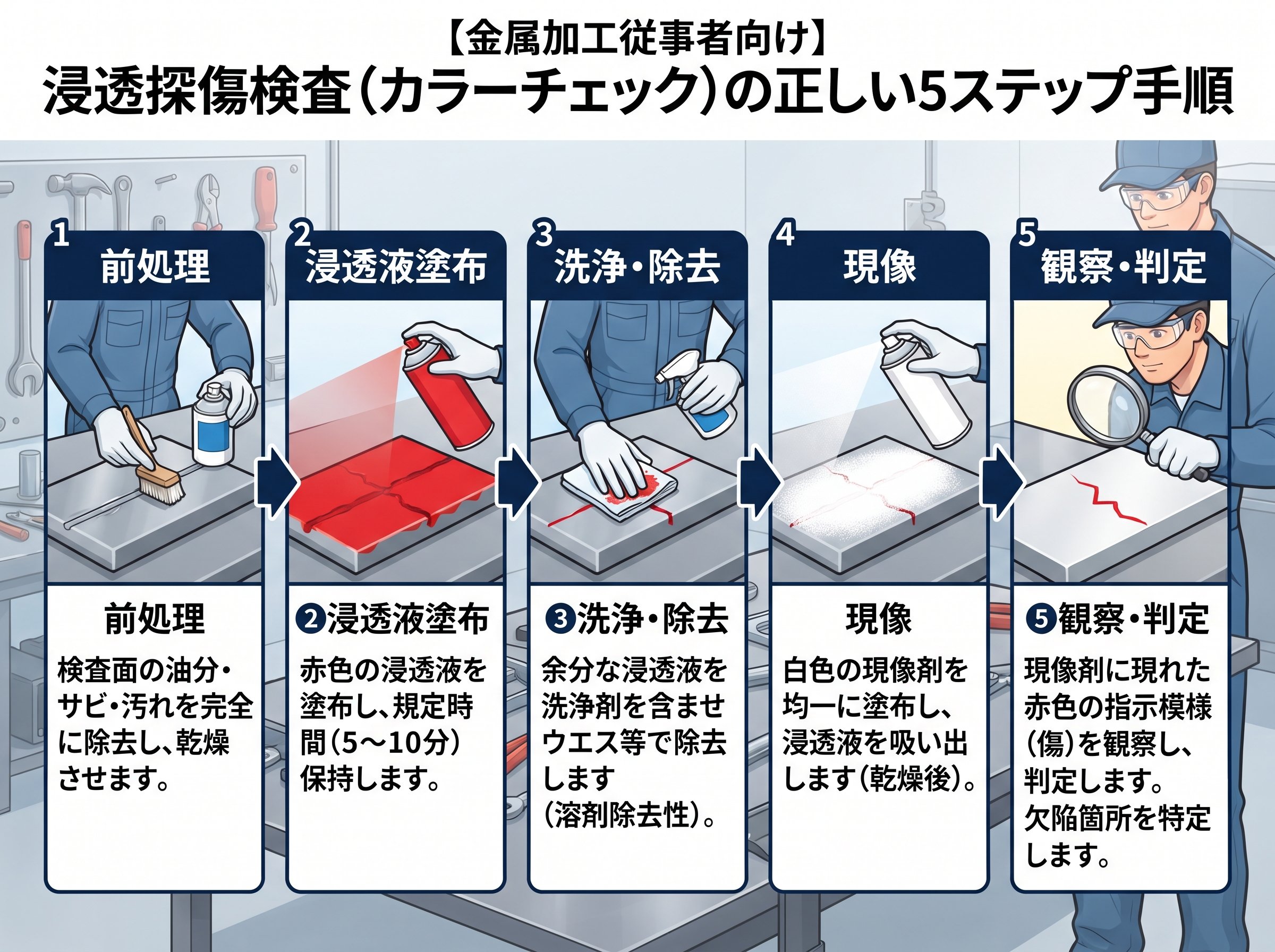 浸透探傷検査・カラーチェックの正しい5ステップ手順：前処理から観察まで