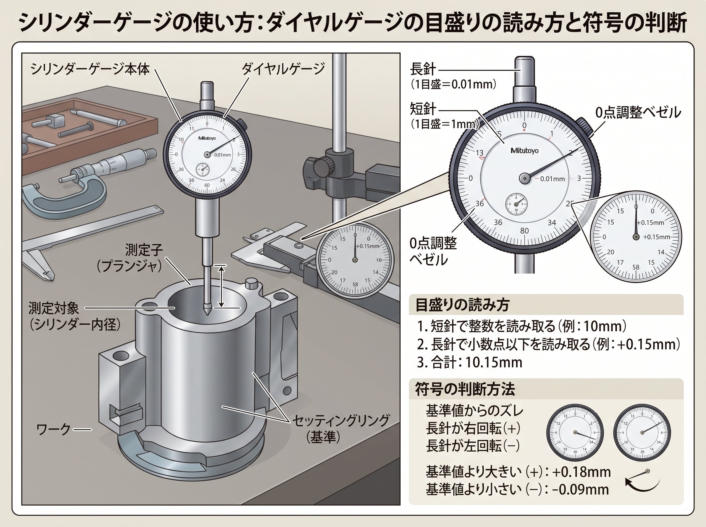 シリンダーゲージの使い方:ダイヤルゲージの目盛りの読み方と符号の判断