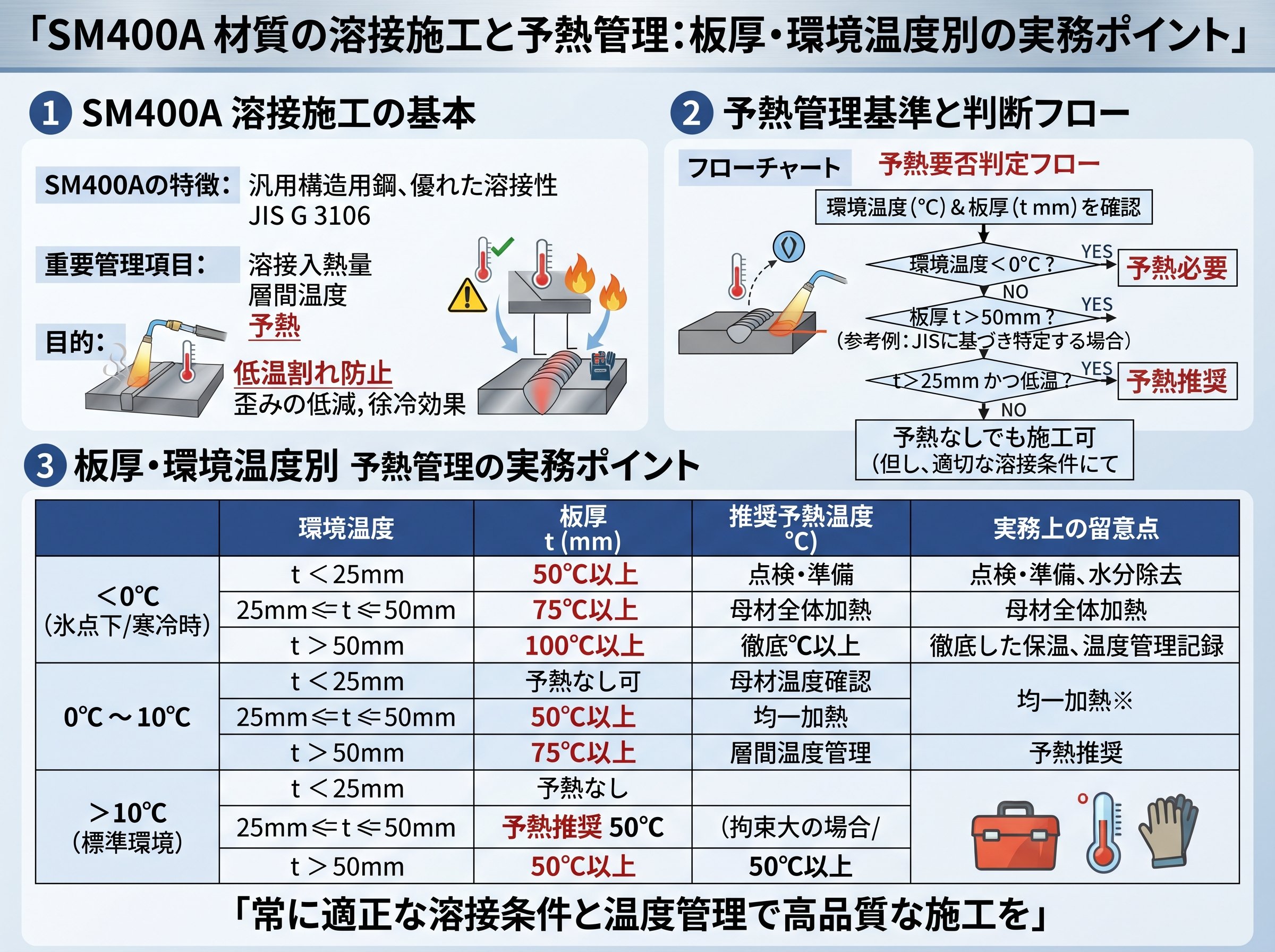 sm400a 材質の溶接施工と予熱管理:板厚・環境温度別の実務ポイント