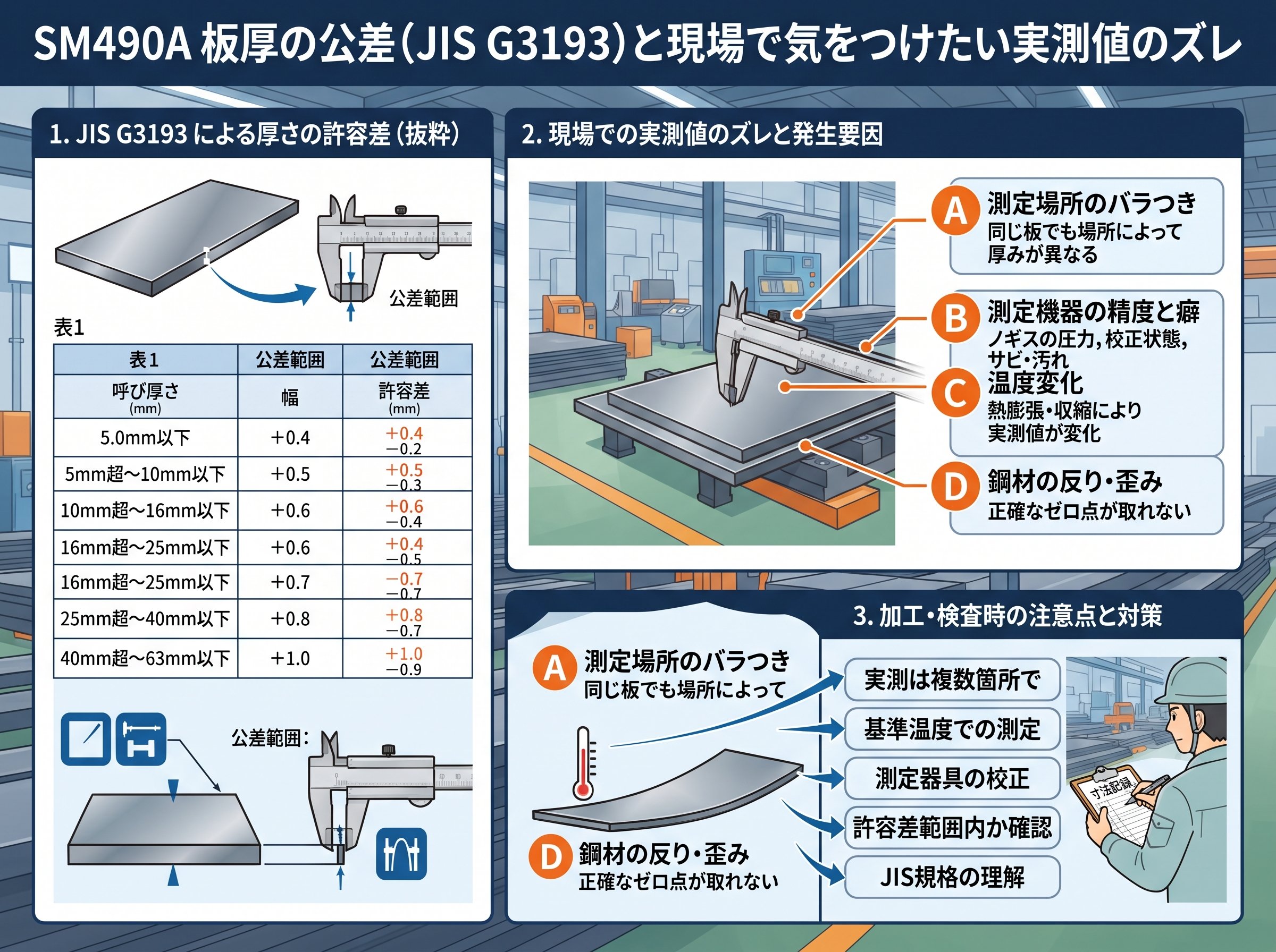 SM490A 板厚の公差（JIS G3193）と現場で気をつけたい実測値のズレ