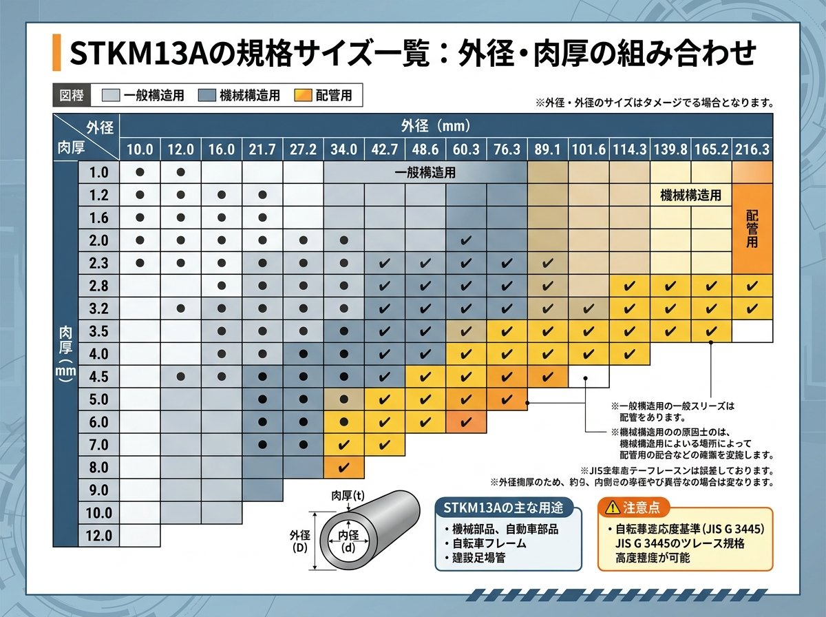 STKM13Aの規格サイズ一覧:外径・肉厚の組み合わせ