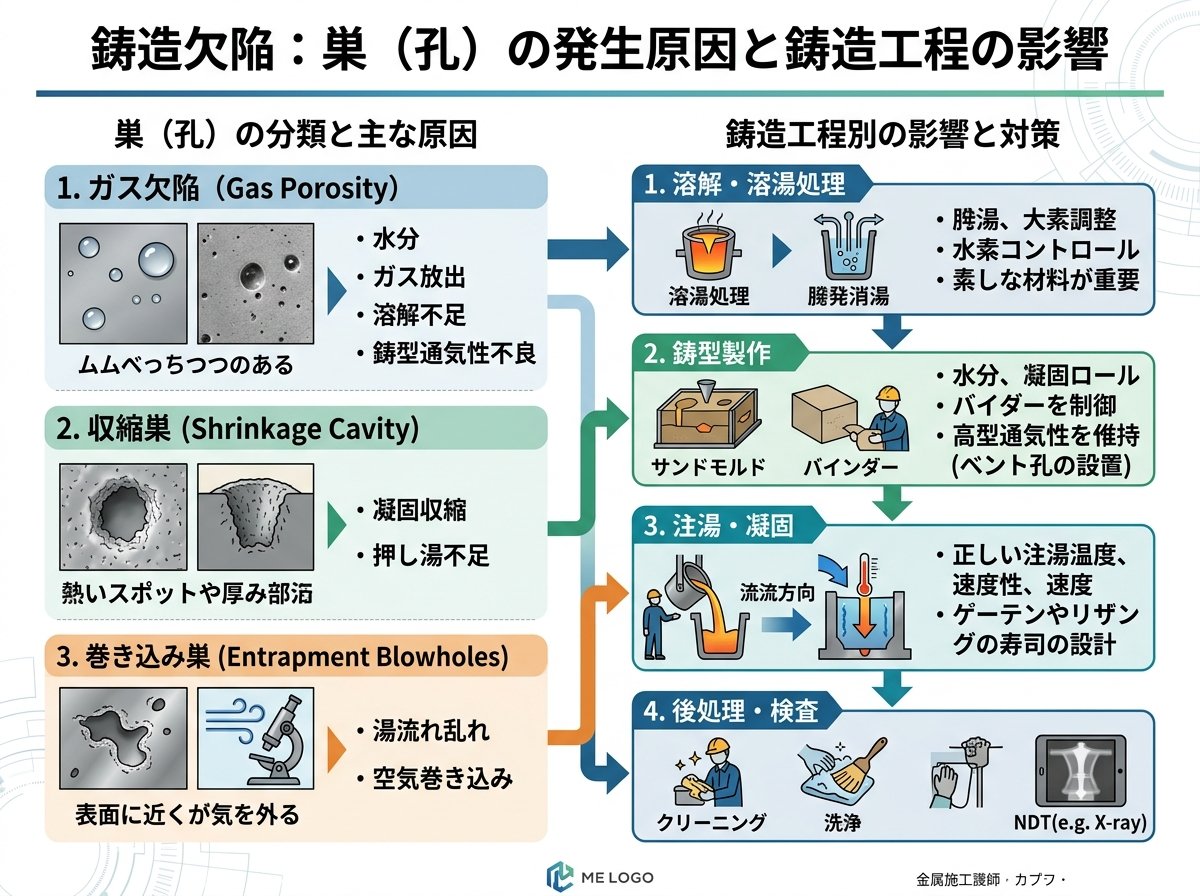 巣（孔）が発生する主な原因と鋳造工程の影響