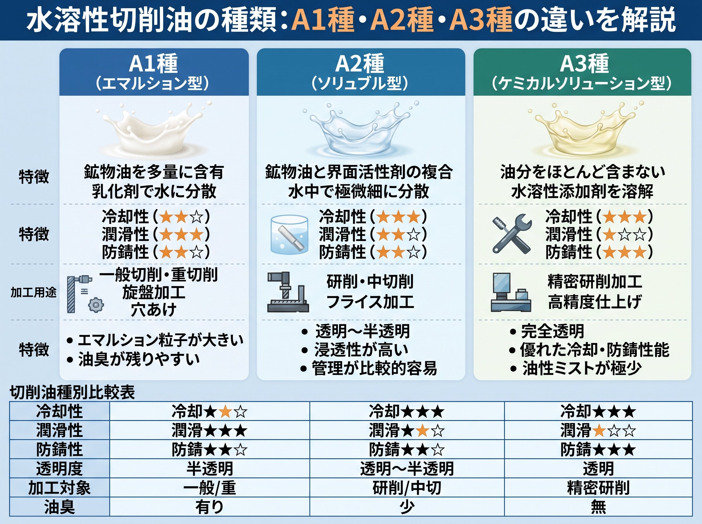 水溶性切削油の種類：A1種・A2種・A3種の違いを解説