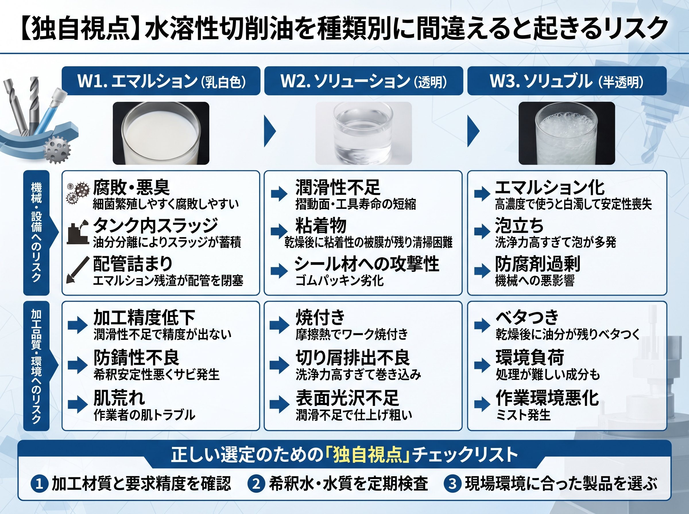 水溶性切削油を種類別に間違えると起きるリスク【独自視点】