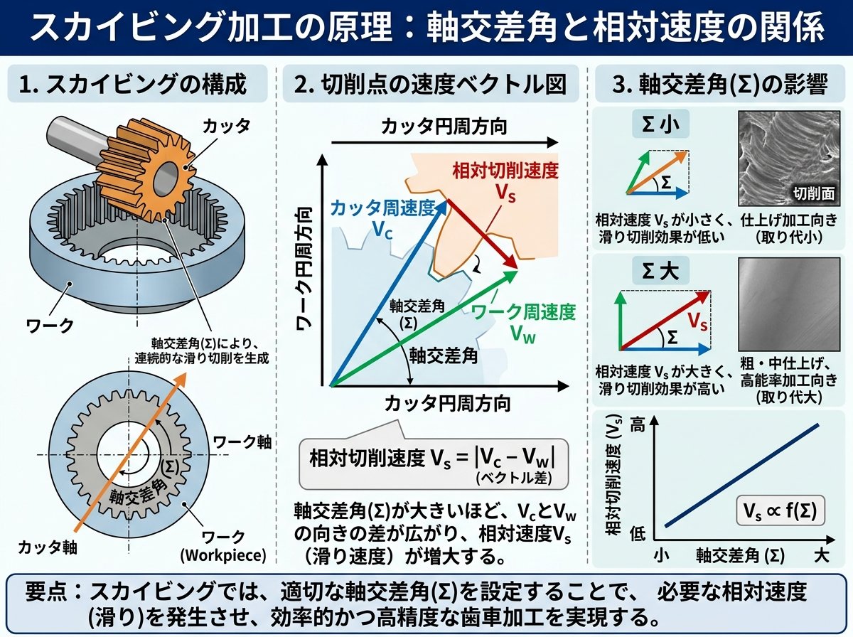 スカイビング加工の原理：軸交差角と相対速度の関係