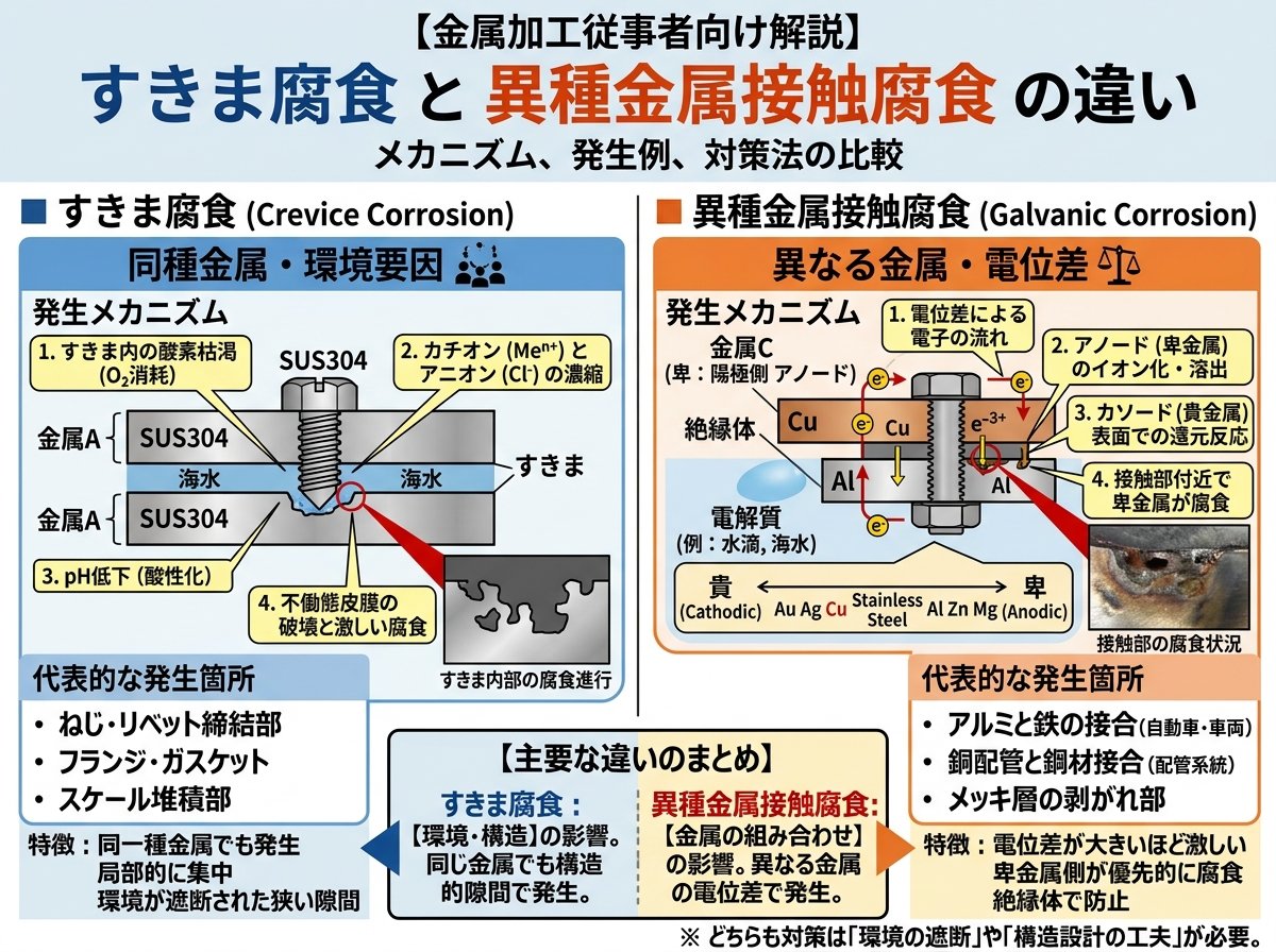 すきま腐食と異種金属接触腐食の違い