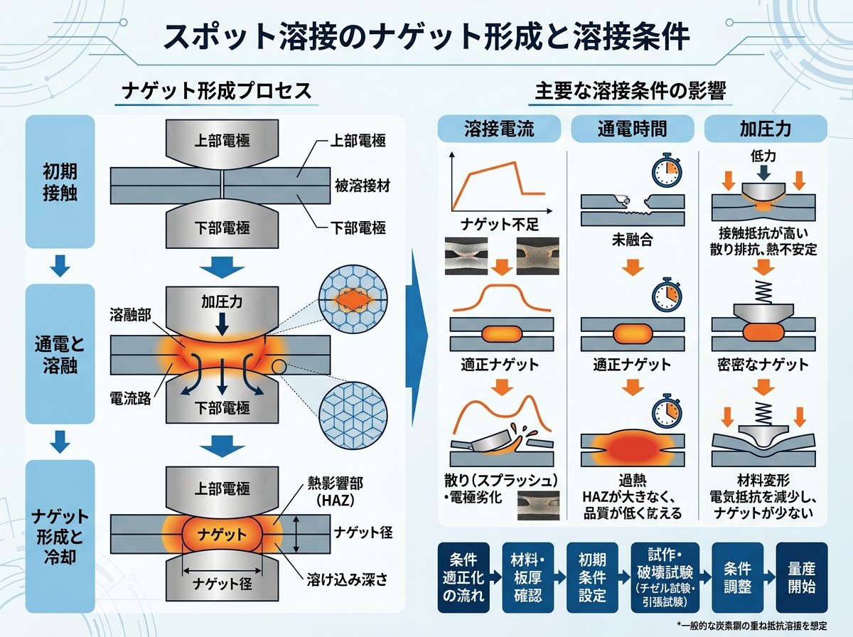 スポット溶接のナゲット形成と溶接条件