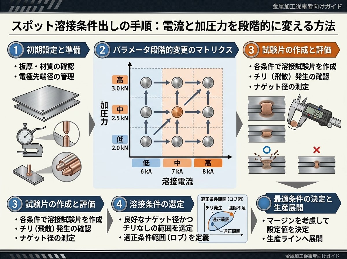 スポット溶接条件出しの手順:電流と加圧力を段階的に変える方法