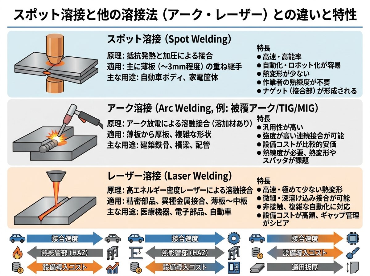 スポット溶接と他の溶接法との違いと特性