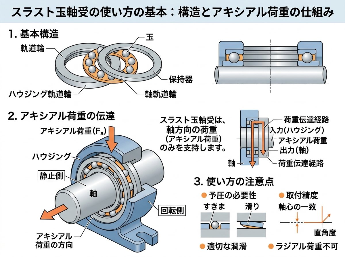 スラスト玉軸受の使い方の基本:構造とアキシアル荷重の仕組み