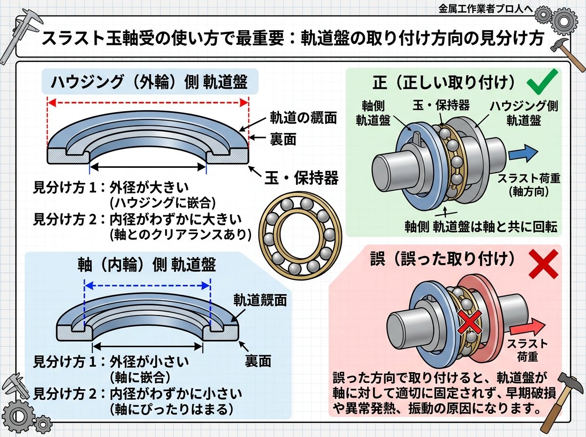スラスト玉軸受の使い方で最重要:軌道盤の取り付け方向の見分け方