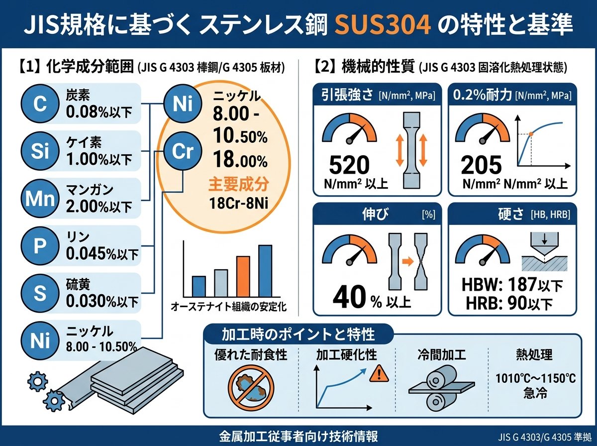 ステンレス304のJIS規格に定められた成分と機械的性質