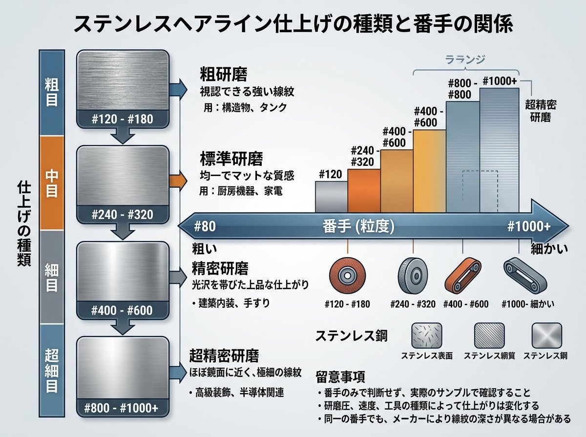 ステンレスヘアライン仕上げの種類と番手の関係