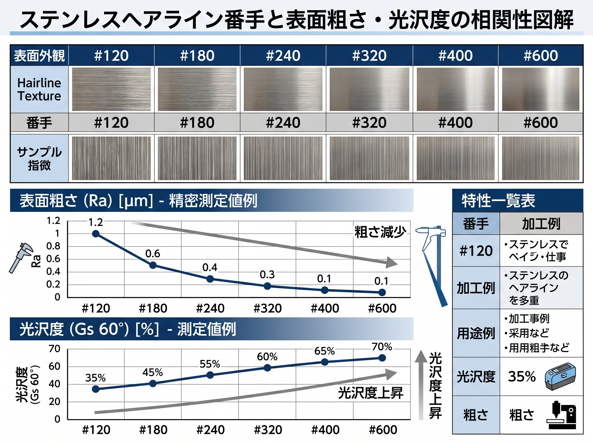 ステンレスヘアライン番手と表面粗さ・光沢度の相関性