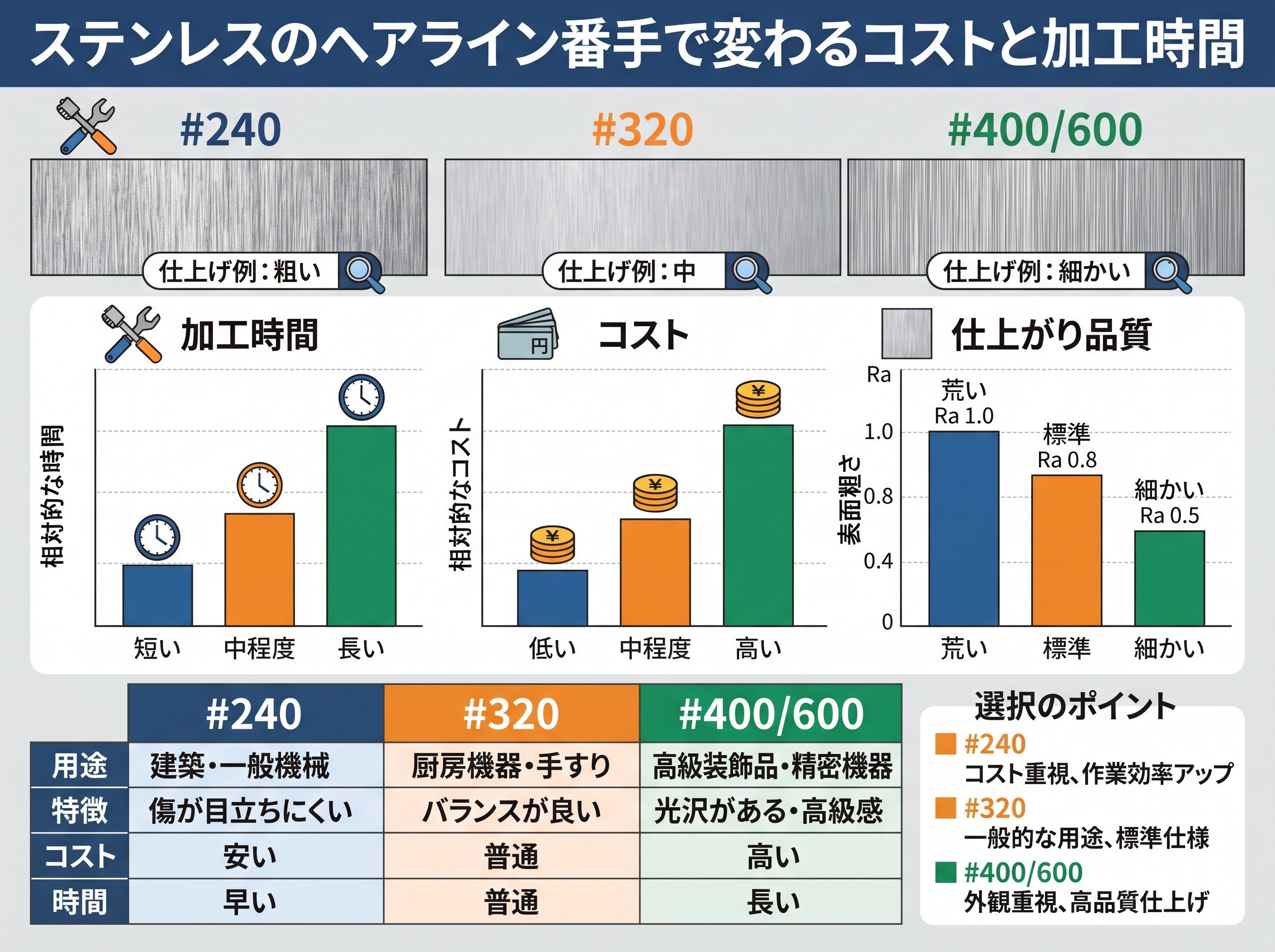 ステンレスのヘアライン番手で変わるコストと加工時間