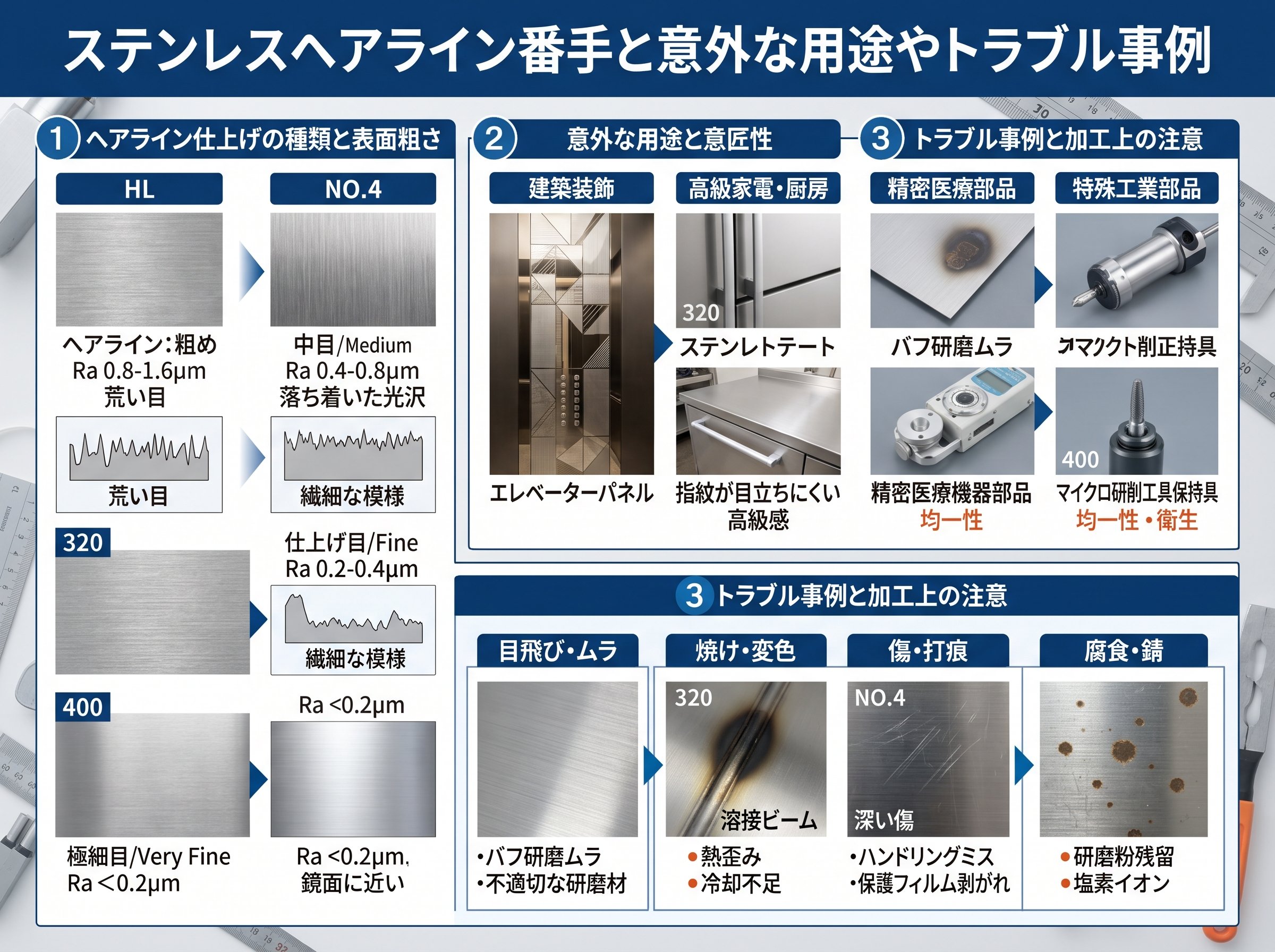 ステンレスヘアライン番手と意外な用途やトラブル事例