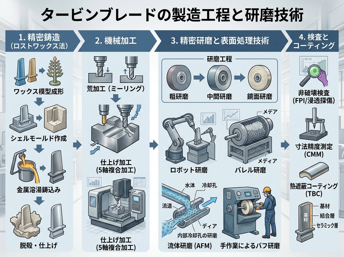 タービンブレードの製造工程と研磨技術