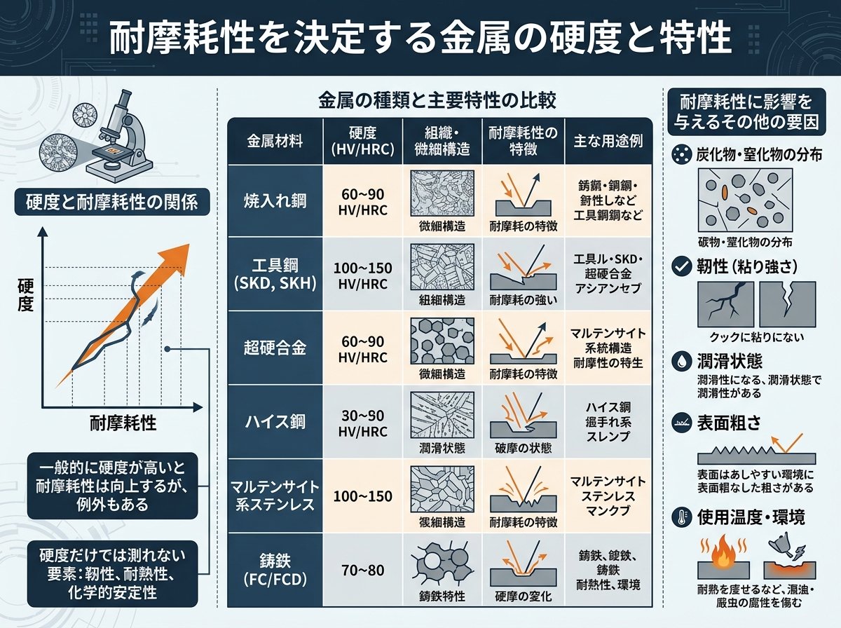 耐摩耗性を決定する金属の硬度と特性