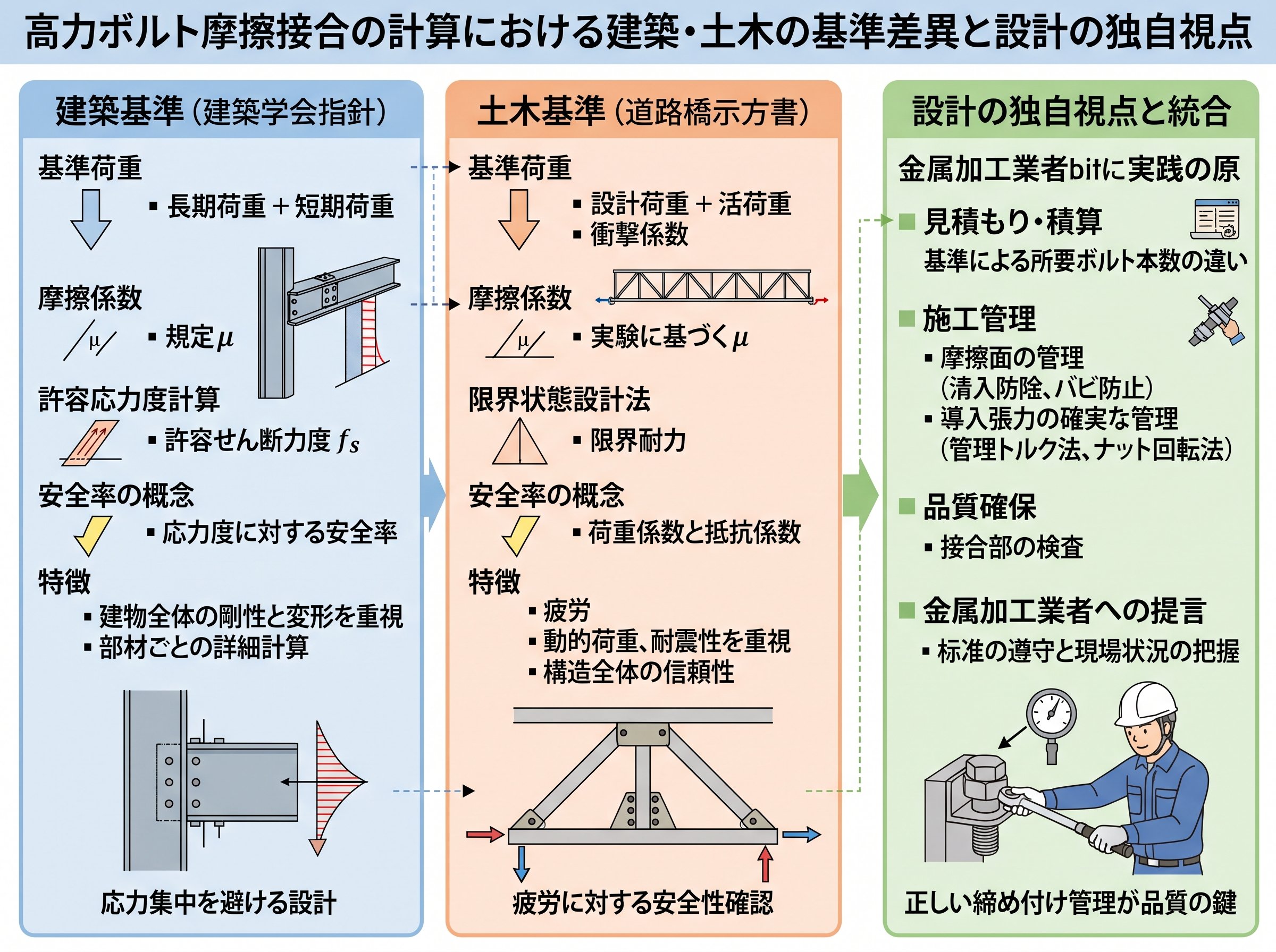 高力ボルト摩擦接合の計算における建築・土木の基準差異と設計の独自視点