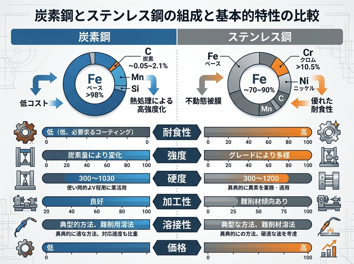 炭素鋼とステンレス鋼の組成と基本的な特性の違い