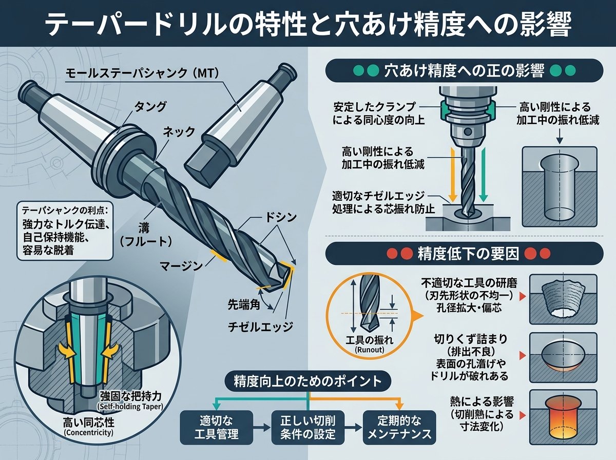 テーパードリルの特性と穴あけ精度への影響