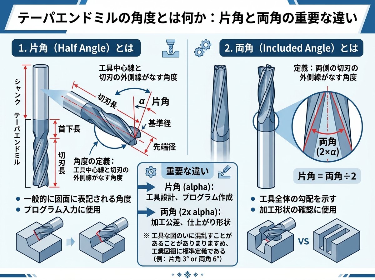 テーパエンドミルの角度とは何か:片角と両角の重要な違い