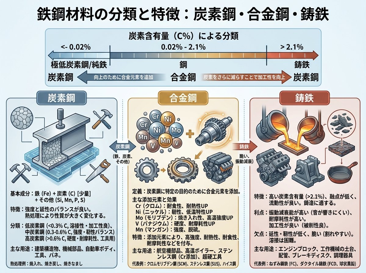 鉄の種類を分ける炭素鋼・合金鋼・鋳鉄の基本的な違い