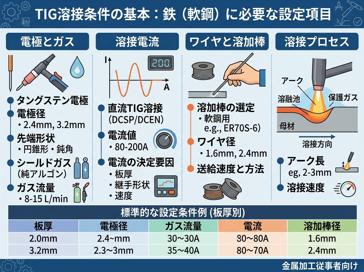 tig溶接条件の基本:鉄(軟鋼)に必要な設定項目