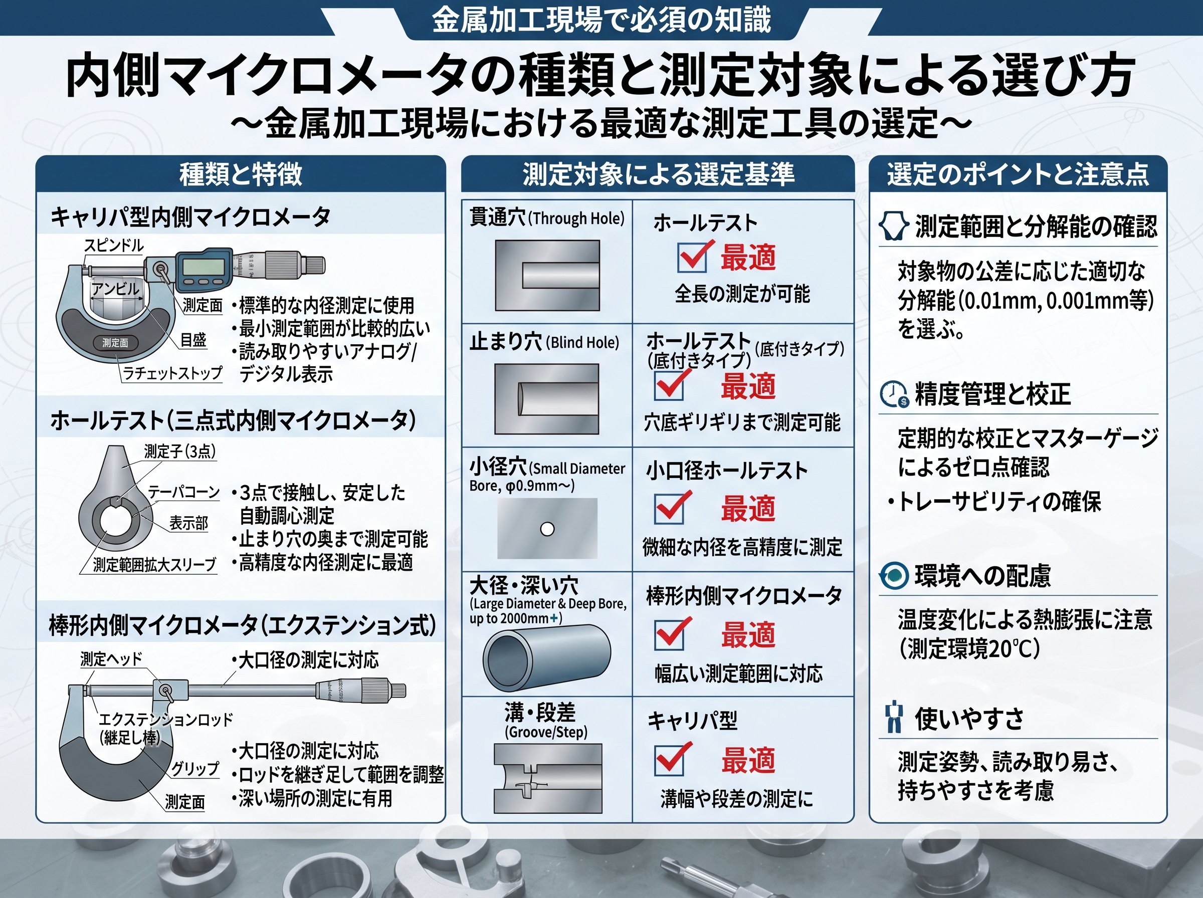 内側マイクロメータの種類と測定対象による選び方