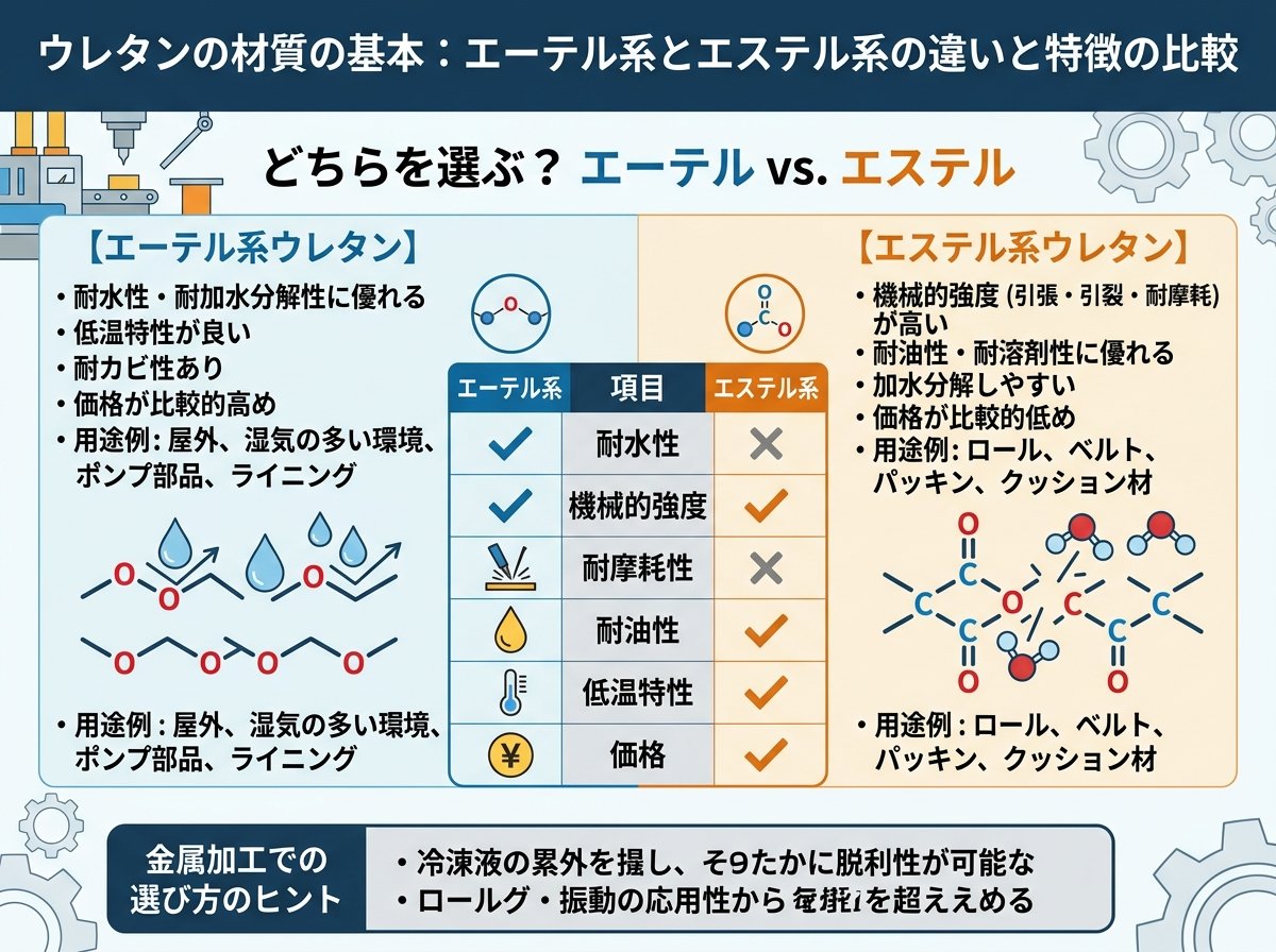 ウレタンの材質の基本：エーテル系とエステル系の違いと特徴の比較