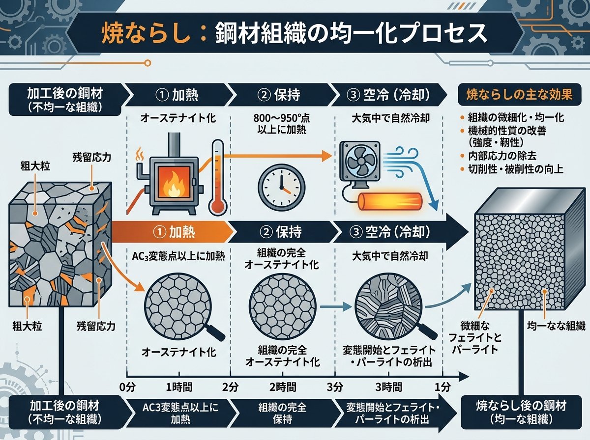 焼ならしとは？鋼材組織を均一化する熱処理プロセス