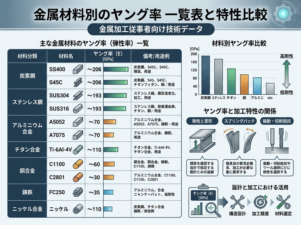 金属材料別のヤング率 一覧表と特性比較